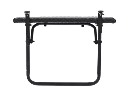 Compact black metal balcony railing table with wooden slatted surface, perfect for small outdoor spaces; attaches securely to railings, offering a stylish and functional solution for enjoying meals or drinks outside.