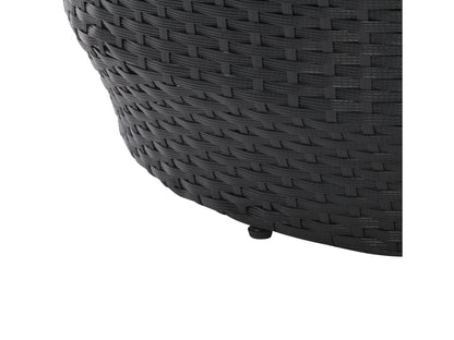Round wicker coffee table with natural rattan weave, glass top, and sturdy wooden legs. Ideal for outdoor patio settings.