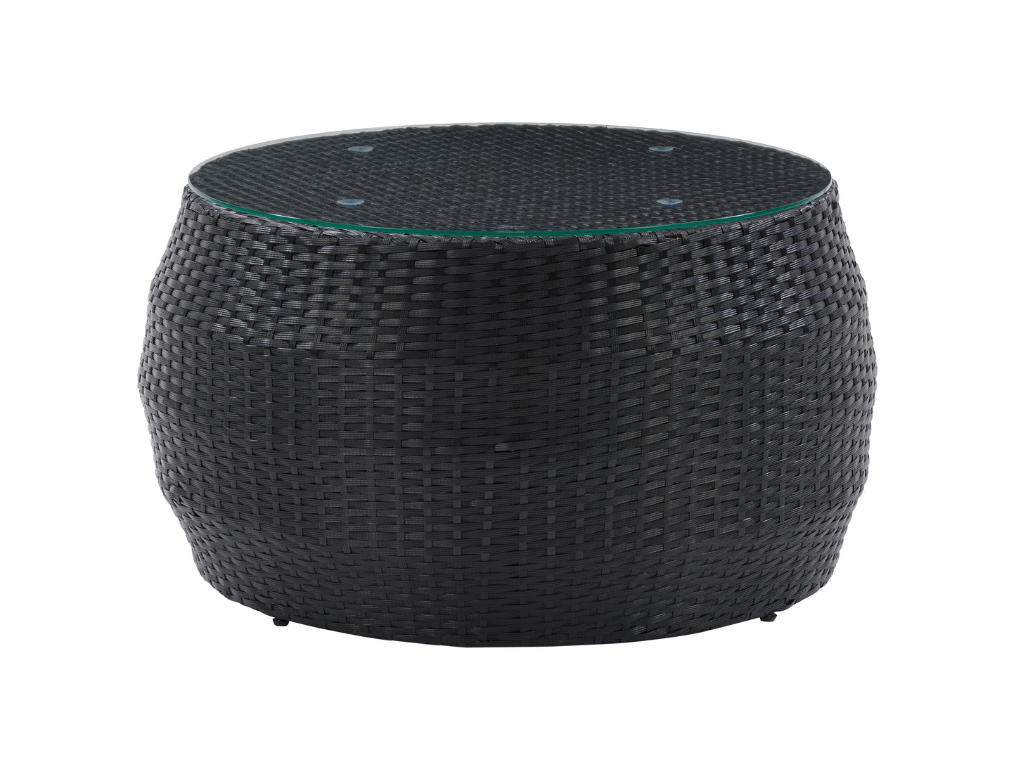 Round wicker patio coffee table with glass top, featuring a sturdy rattan frame in natural brown. The table showcases a woven texture and a modern design, perfect for outdoor living spaces.
