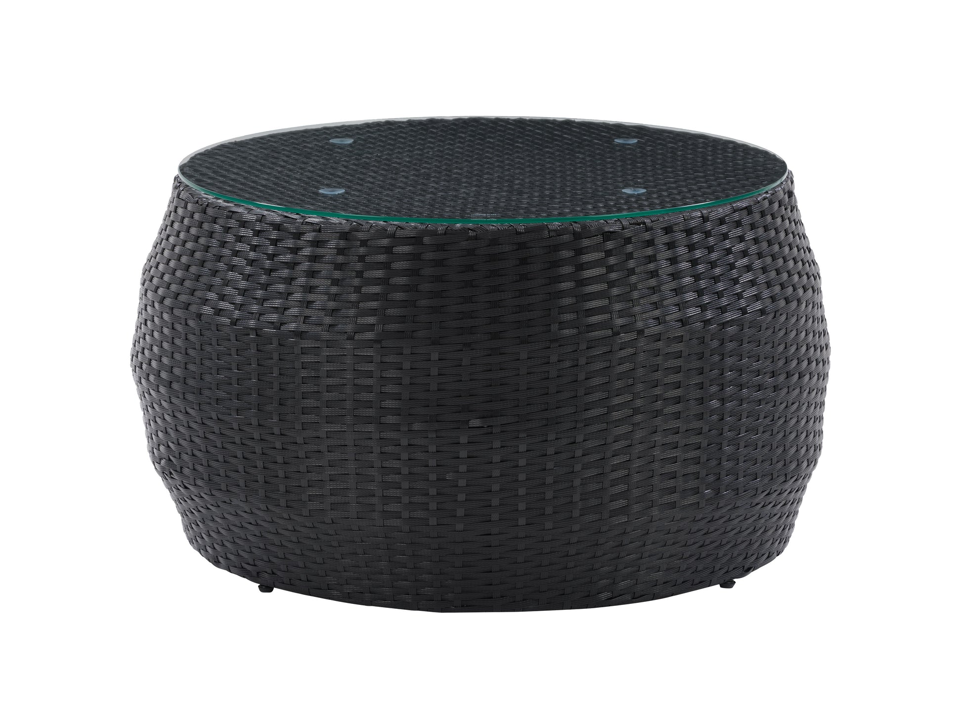 Round wicker patio coffee table with glass top, featuring a sturdy rattan frame in natural brown. The table showcases a woven texture and a modern design, perfect for outdoor living spaces.