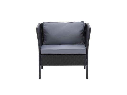 Black and grey patio armchair with durable fabric, sleek metal frame, and comfortable armrests.