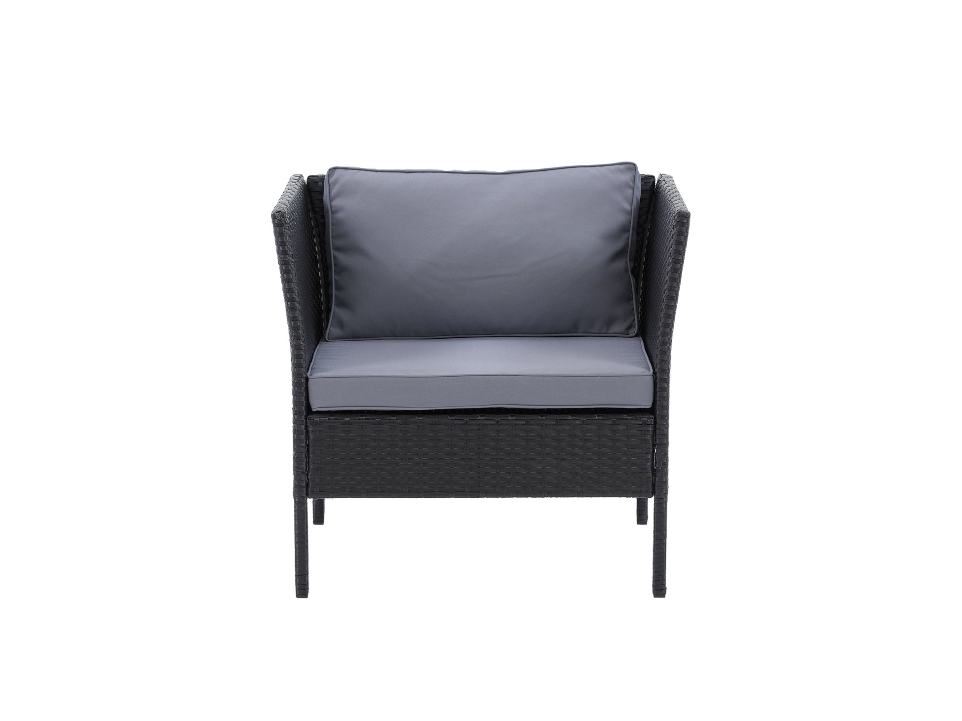 Black and grey patio armchair with durable fabric, sleek metal frame, and comfortable armrests.