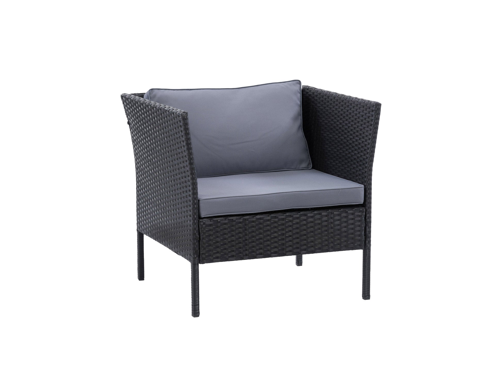 Black and grey patio armchair with cushioned seat, metal frame, and contemporary design.