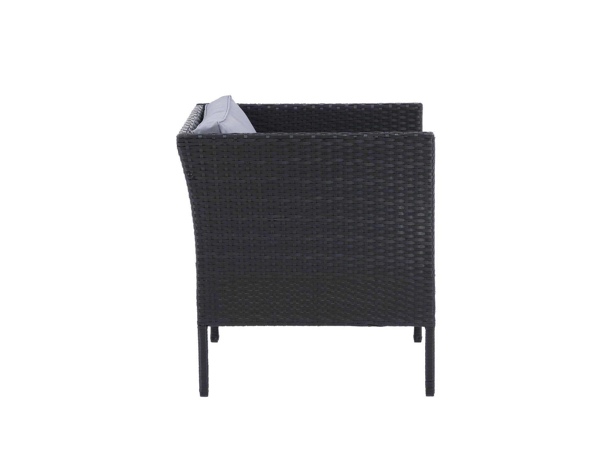 Black and grey patio armchair with cushioned seat, metal frame, and weather-resistant fabric.