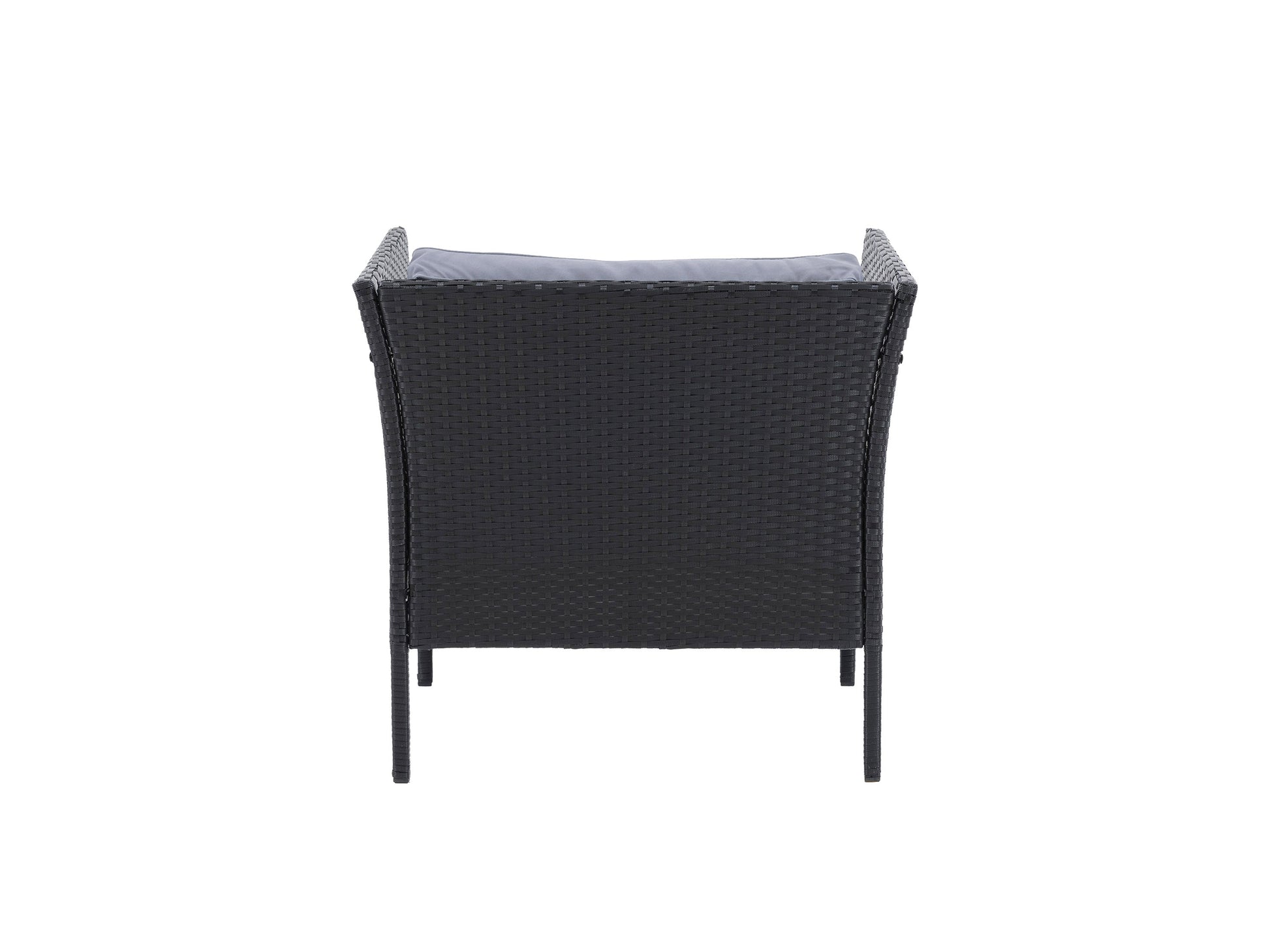 Black and grey patio armchair with cushioned seat, metal frame, and modern design.