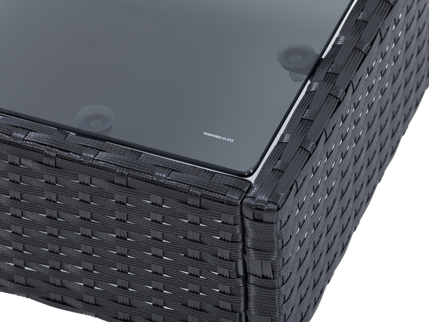 Black and grey L-shaped outdoor sectional with 7 pieces, weather-resistant cushions, and sleek modern design.