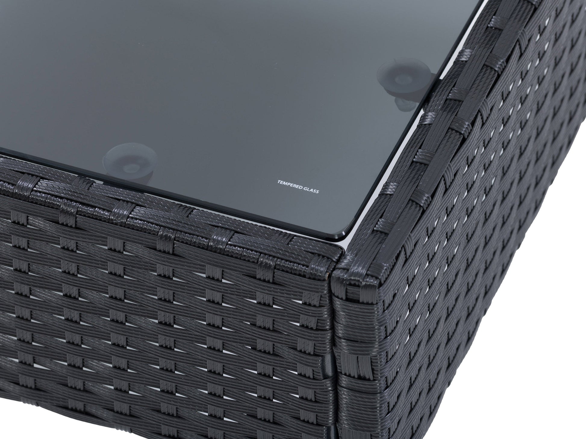 Black and grey L-shaped outdoor sectional with 7 pieces, weather-resistant cushions, and sleek modern design.
