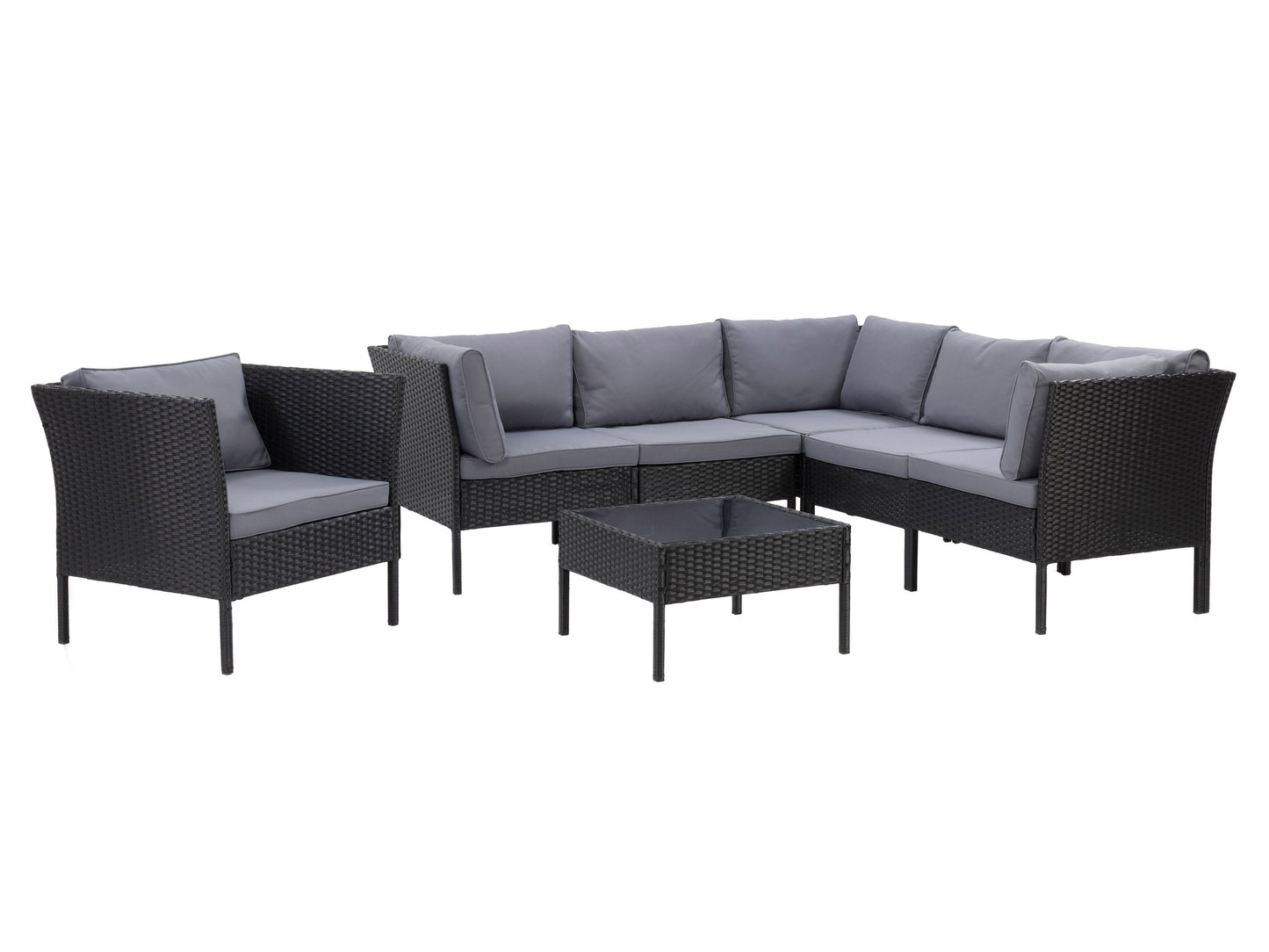 Black and grey L-shaped outdoor sectional with weather-resistant cushions and a sleek modern design.