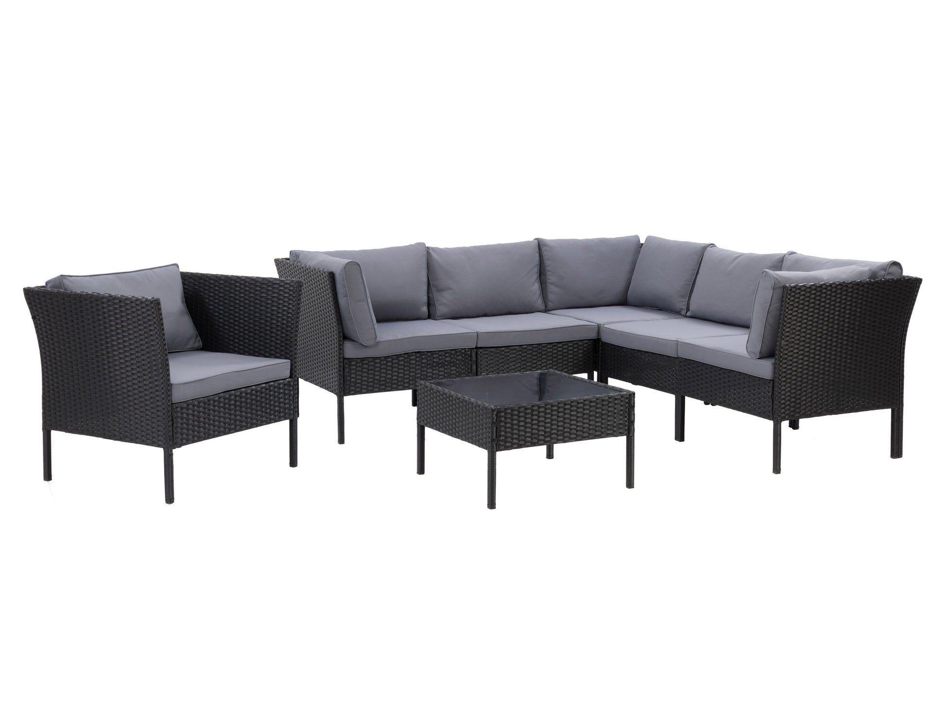 Black and grey L-shaped outdoor sectional with weather-resistant cushions and a sleek modern design.