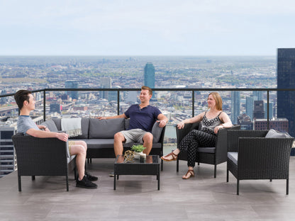 Black and grey L-shaped outdoor sectional with cushions, 8-piece patio furniture set, modern design, weather-resistant materials.