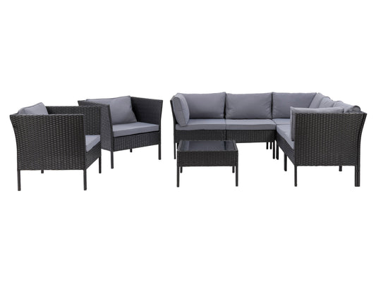 Black and grey 8-piece L-shaped outdoor sectional with weather-resistant cushions and sleek modern design.