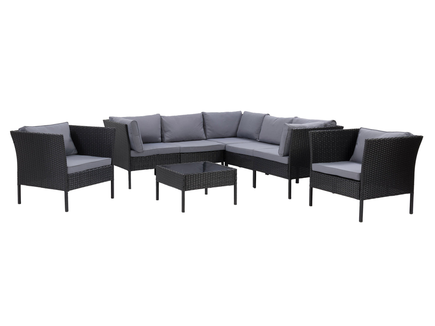 Black and grey L-shaped outdoor sectional, 8-piece set with weather-resistant cushions and sleek modern design.