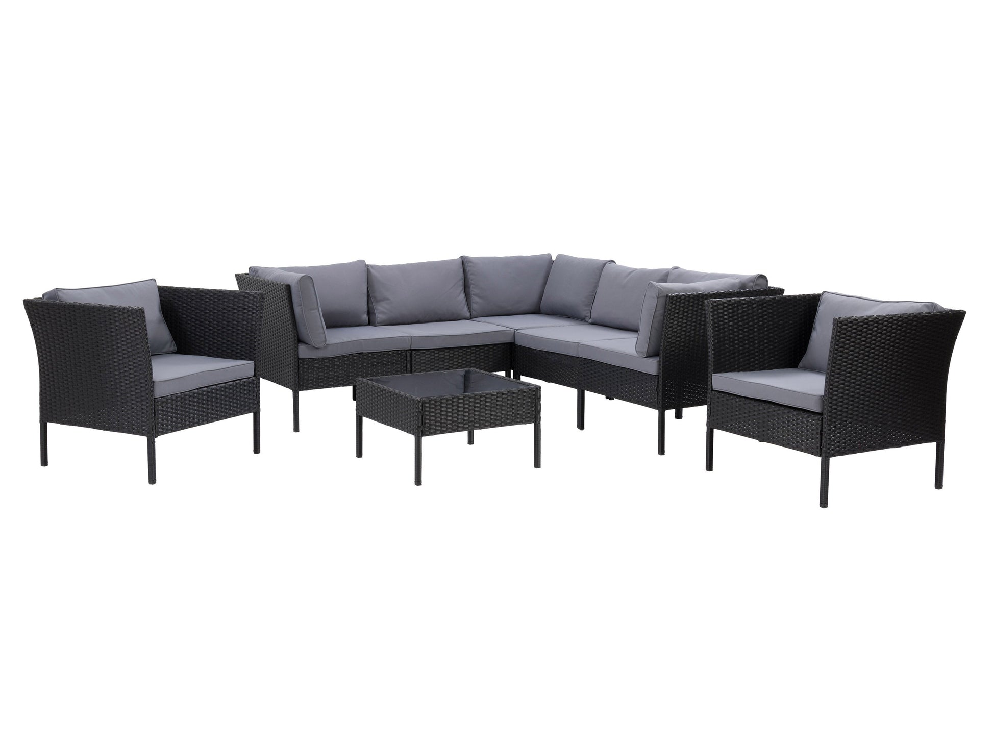 Black and grey L-shaped outdoor sectional, 8-piece set with weather-resistant cushions and sleek modern design.