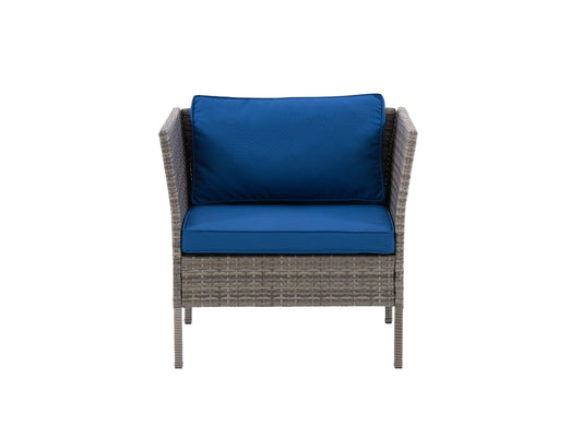 Grey and blue patio armchair with cushioned seat, wooden frame, and modern design.