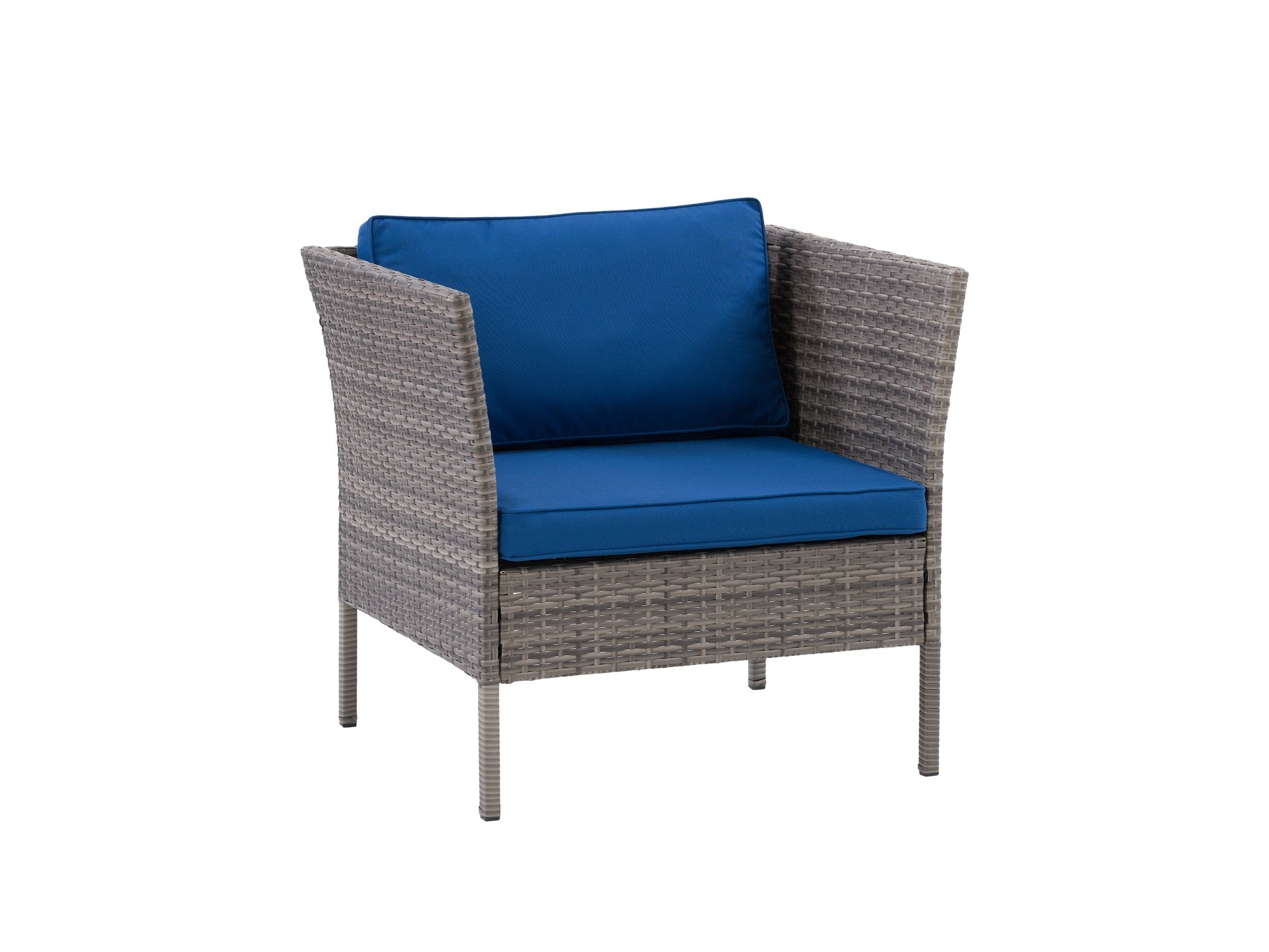 Grey and blue patio armchair with cushioned seat, wooden frame, and modern outdoor design.
