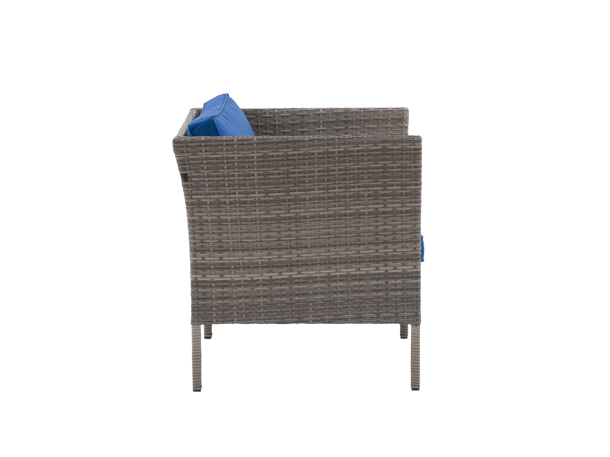 Grey and blue patio armchair with cushioned seat, wooden frame, and armrests for outdoor relaxation.