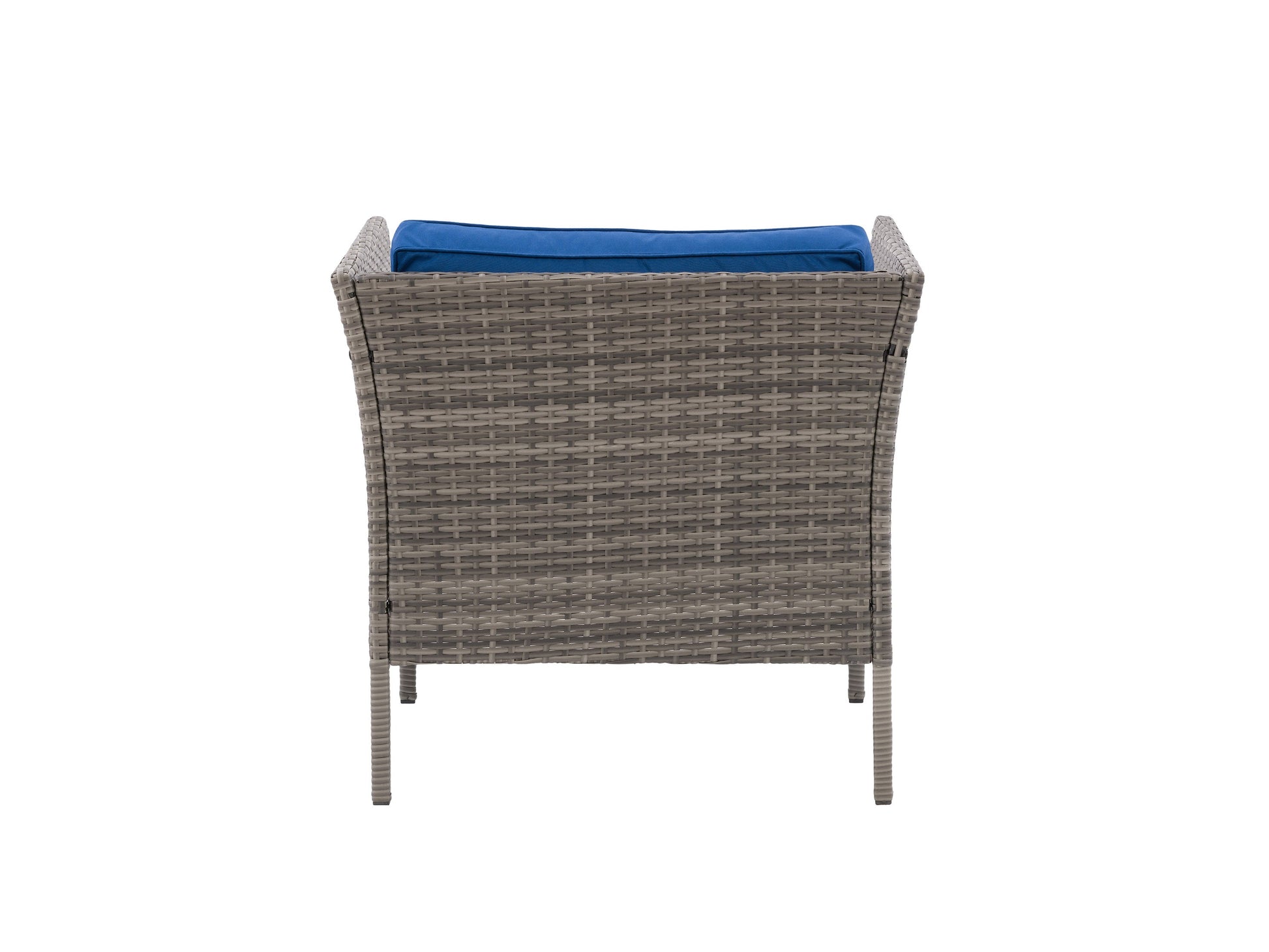 Grey and blue patio armchair with cushioned seat, wooden legs, and a modern design