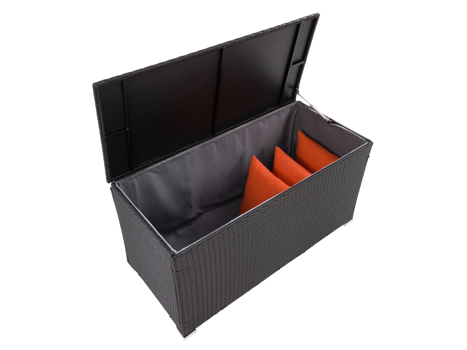 Outdoor patio cushion storage box with grey wicker design, waterproof lid, and spacious interior for garden essentials.