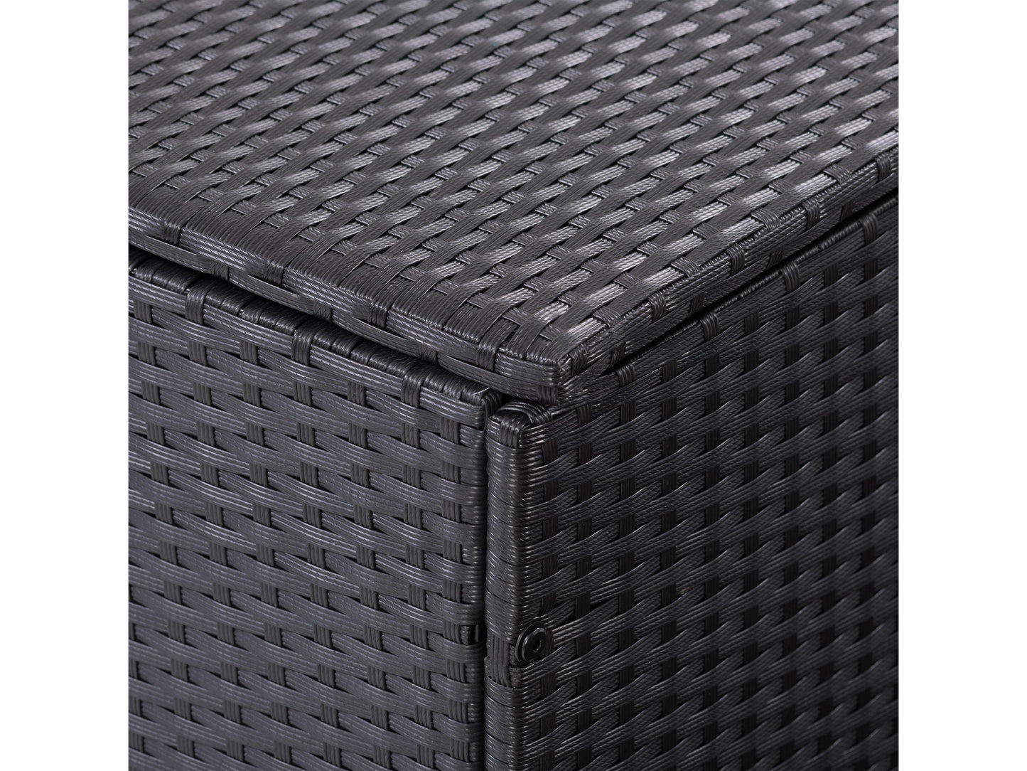 Patio cushion box with dark wicker design, weather-resistant material, and spacious interior storage for outdoor accessories.
