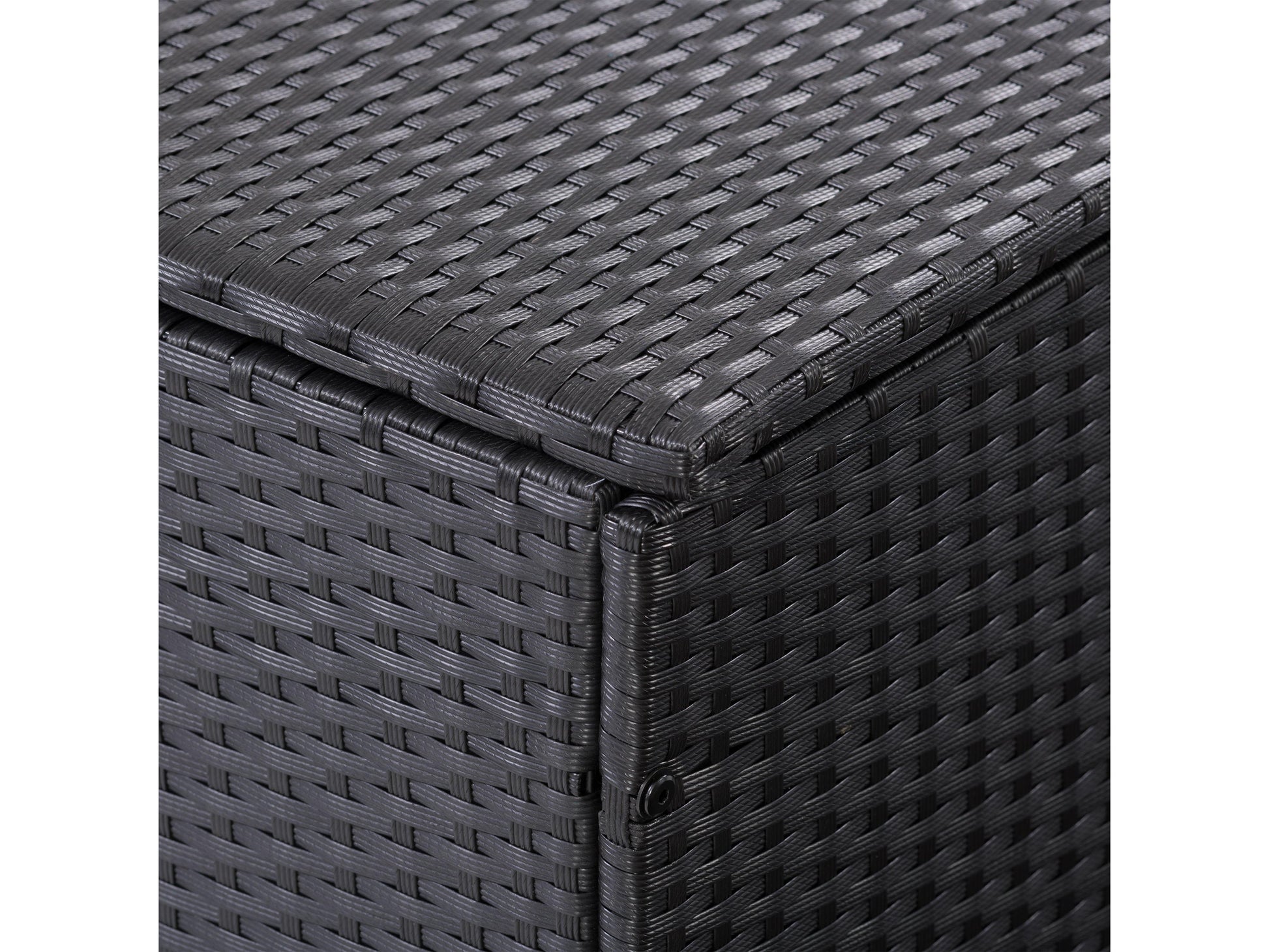 Patio cushion box with dark wicker design, weather-resistant material, and spacious interior storage for outdoor accessories.