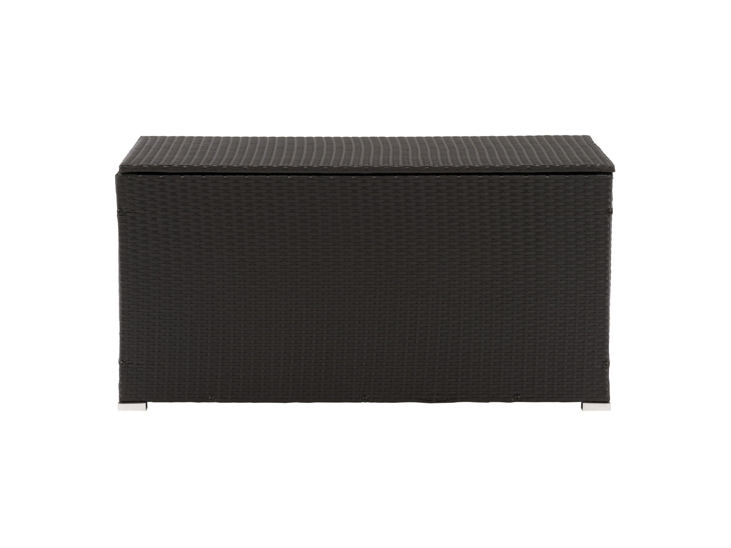 Outdoor patio cushion box, grey wicker design, durable, weather-resistant, with hinged lid for convenient storage.
