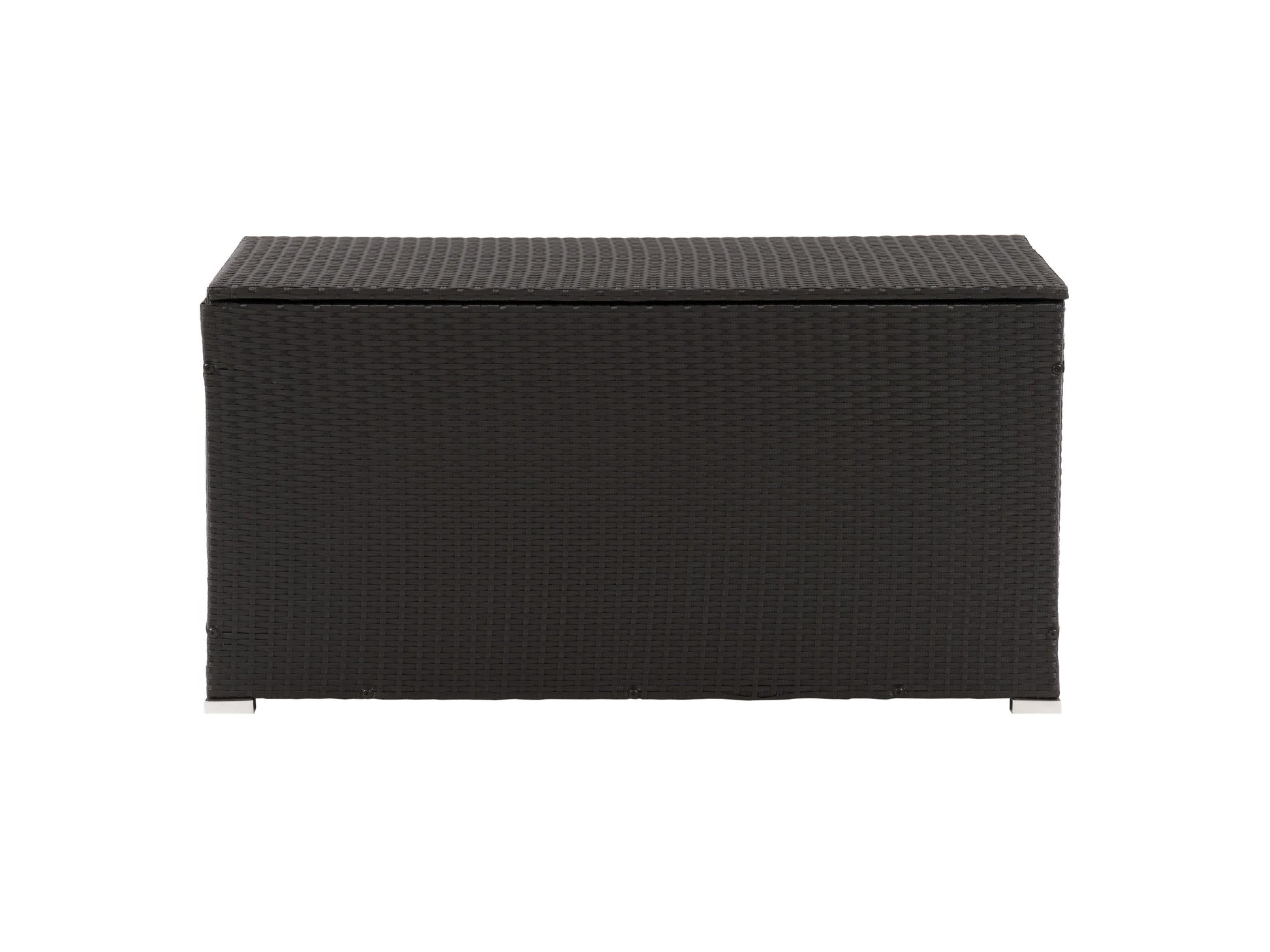 Outdoor patio cushion box, grey wicker design, durable, weather-resistant, with hinged lid for convenient storage.
