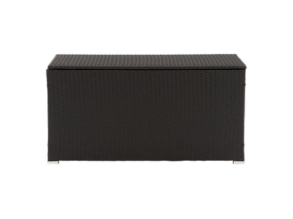 Outdoor patio cushion box, grey wicker design, durable, weather-resistant, with hinged lid for convenient storage.