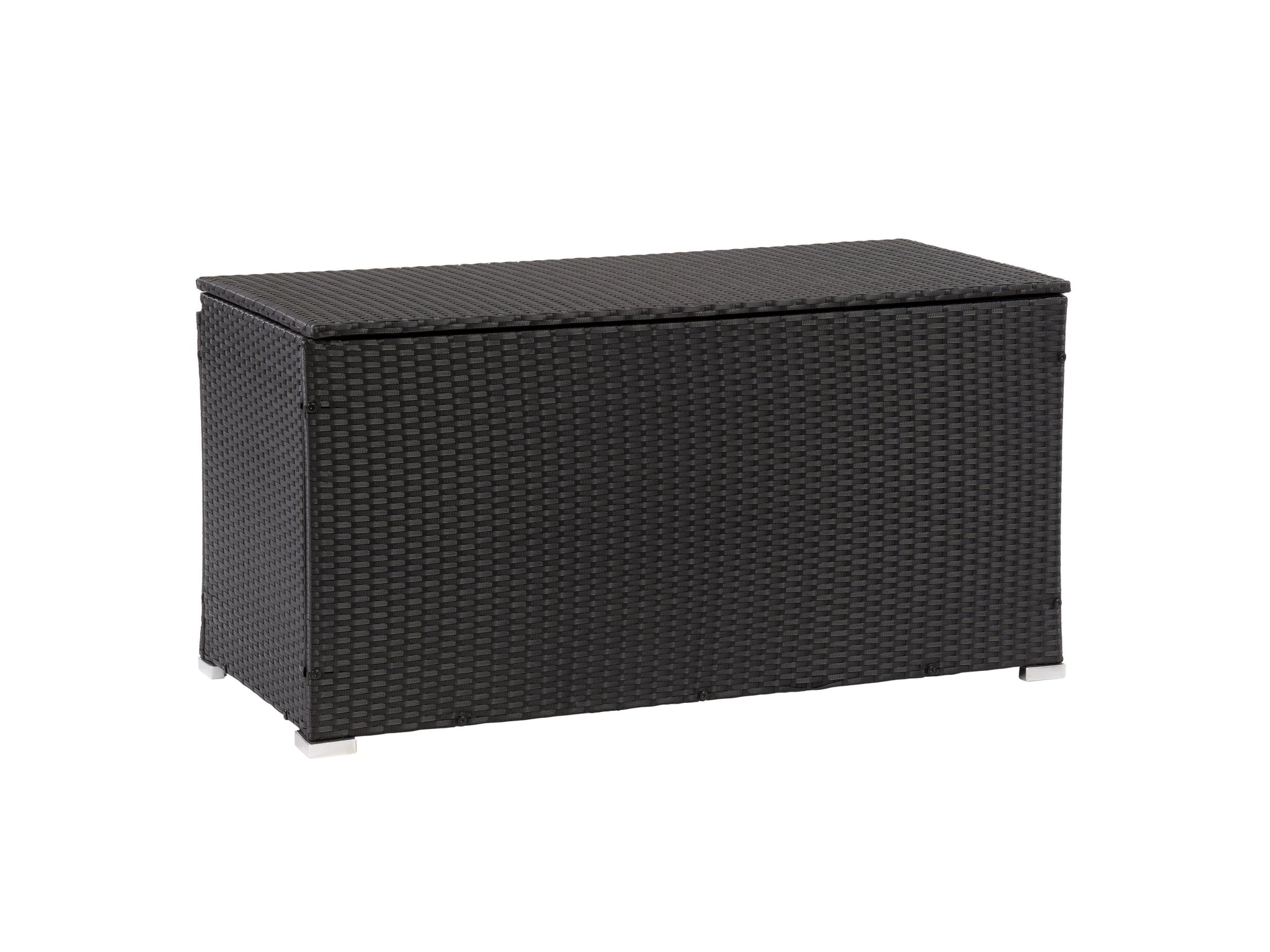 Outdoor patio cushion storage box, dark grey wicker, weather-resistant, modern design with hinged lid.