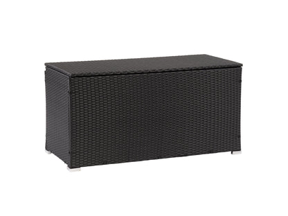 Outdoor patio cushion storage box, dark grey wicker, weather-resistant, modern design with hinged lid.