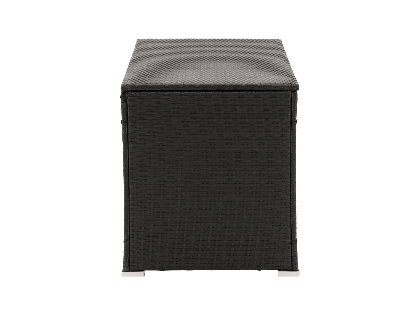 Weatherproof grey patio cushion box with durable rattan texture and lockable lid for outdoor storage