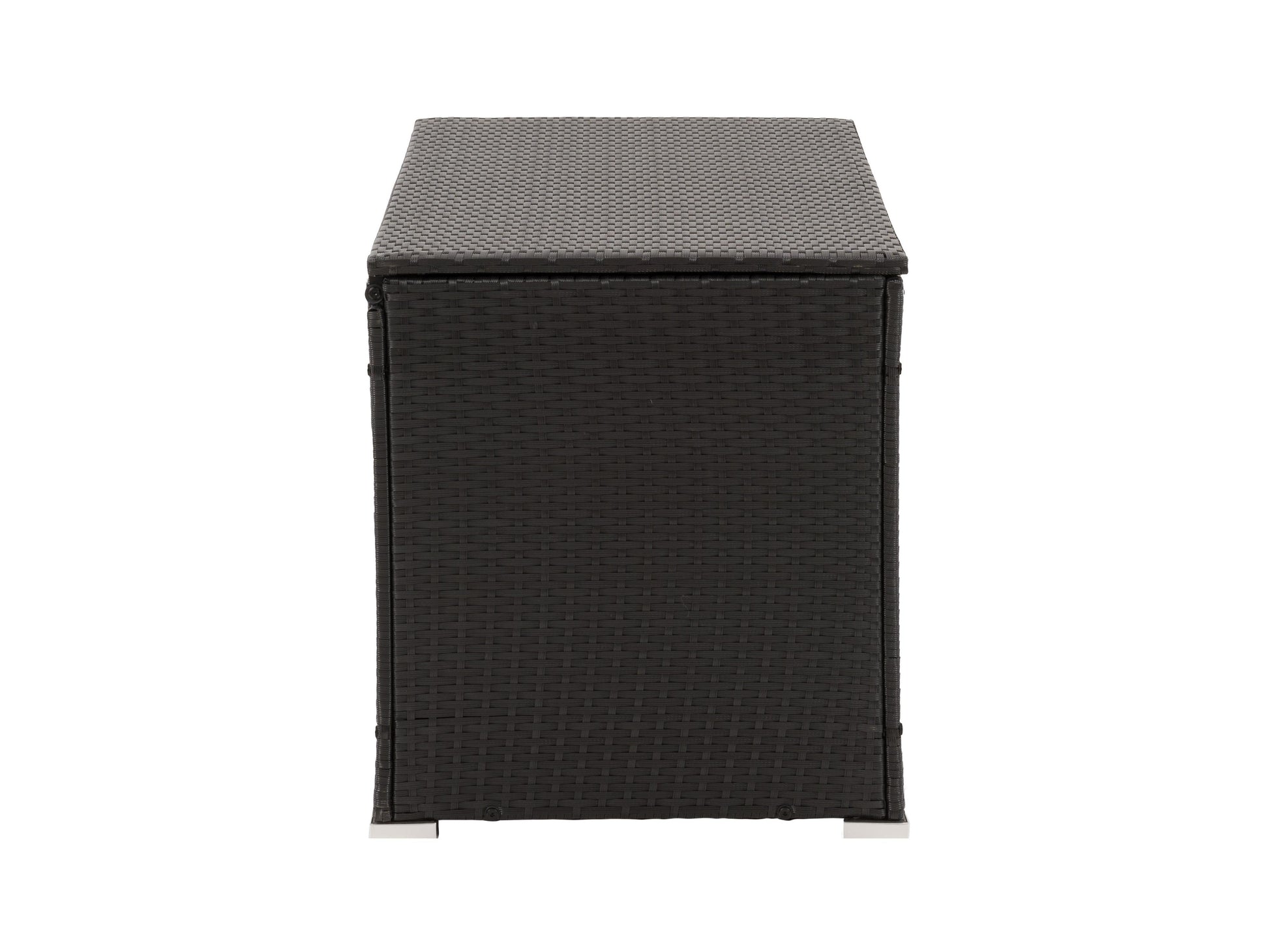Weatherproof grey patio cushion box with durable rattan texture and lockable lid for outdoor storage