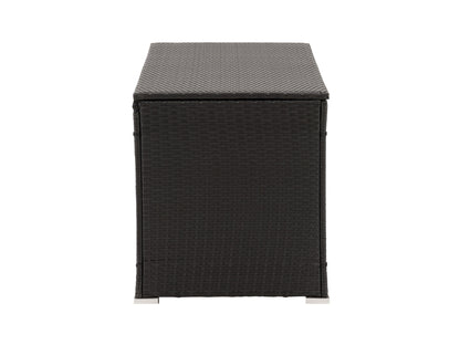 Weatherproof grey patio cushion box with durable rattan texture and lockable lid for outdoor storage