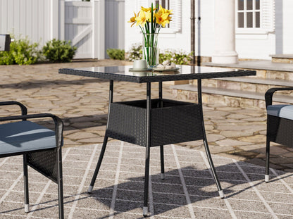 5-piece patio dining set with grey cushions, black metal frame, and a modern design for outdoor dining.