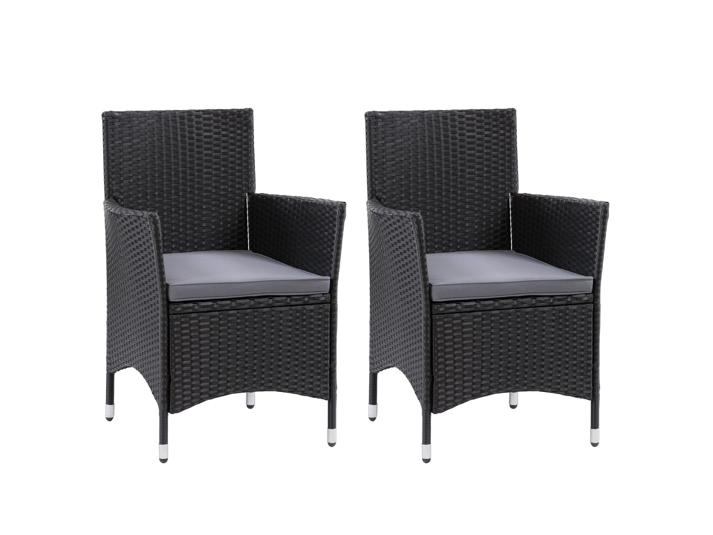 Set of 2 wicker armchairs with beige cushions, featuring a sturdy metal frame and woven rattan texture, ideal for outdoor patio seating.