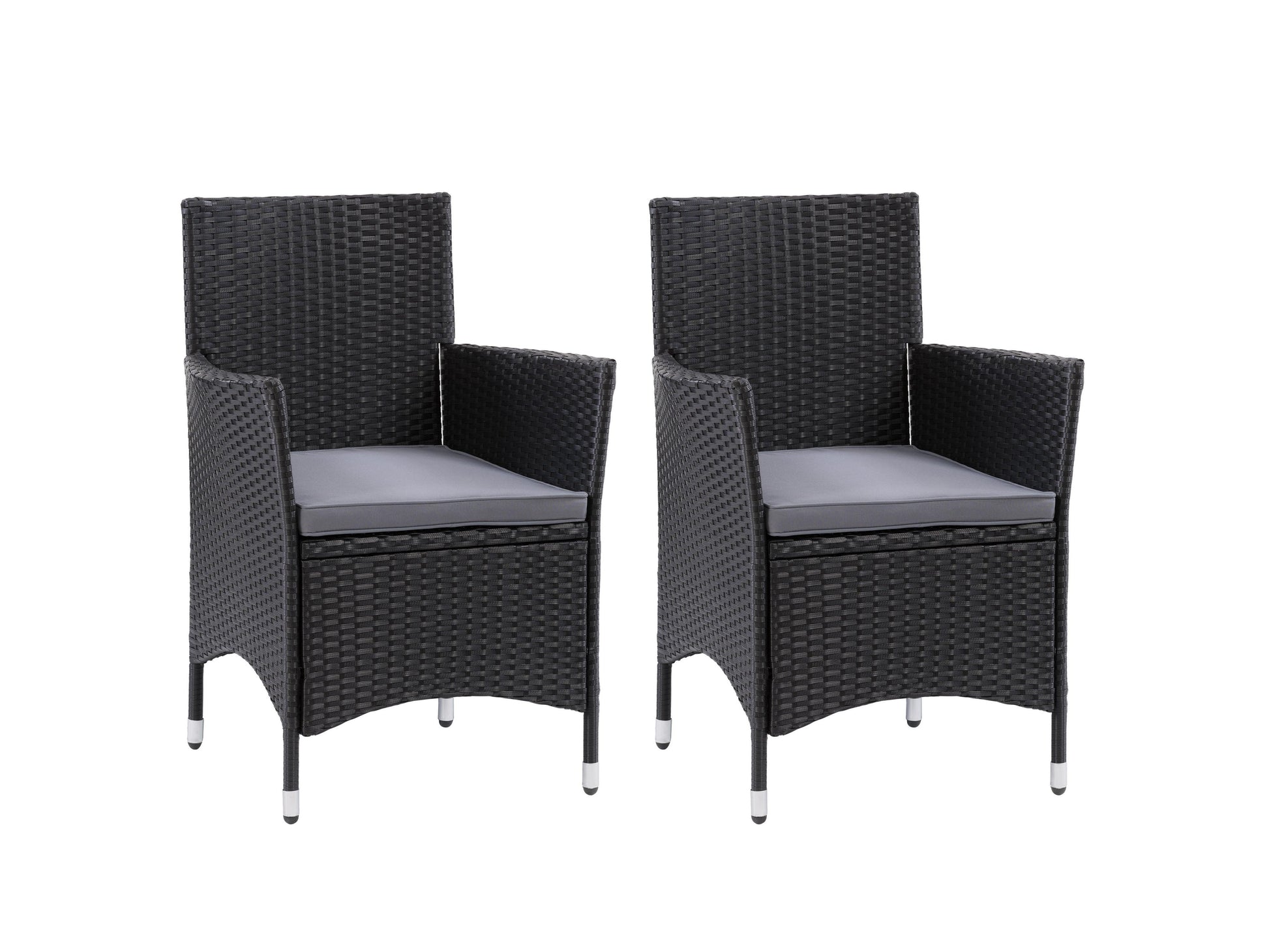 Set of 2 wicker armchairs with beige cushions, featuring a sturdy metal frame and woven rattan texture, ideal for outdoor patio seating.