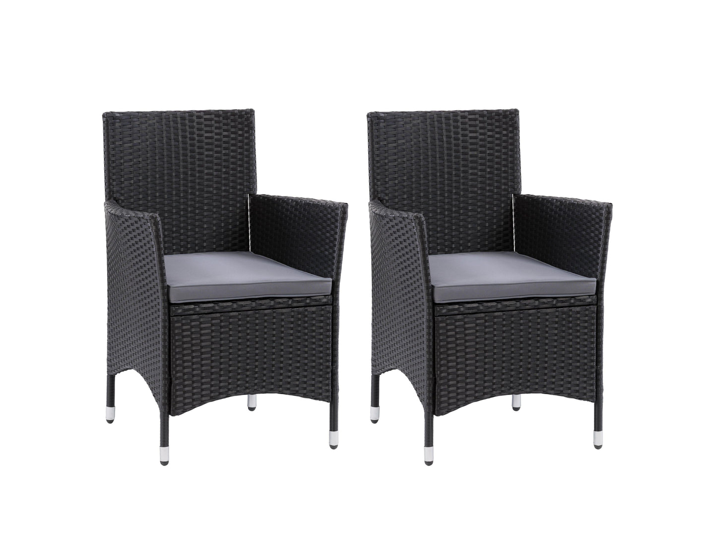 7-piece patio dining set with grey cushioned chairs, rectangular wooden table, and black metal frame.