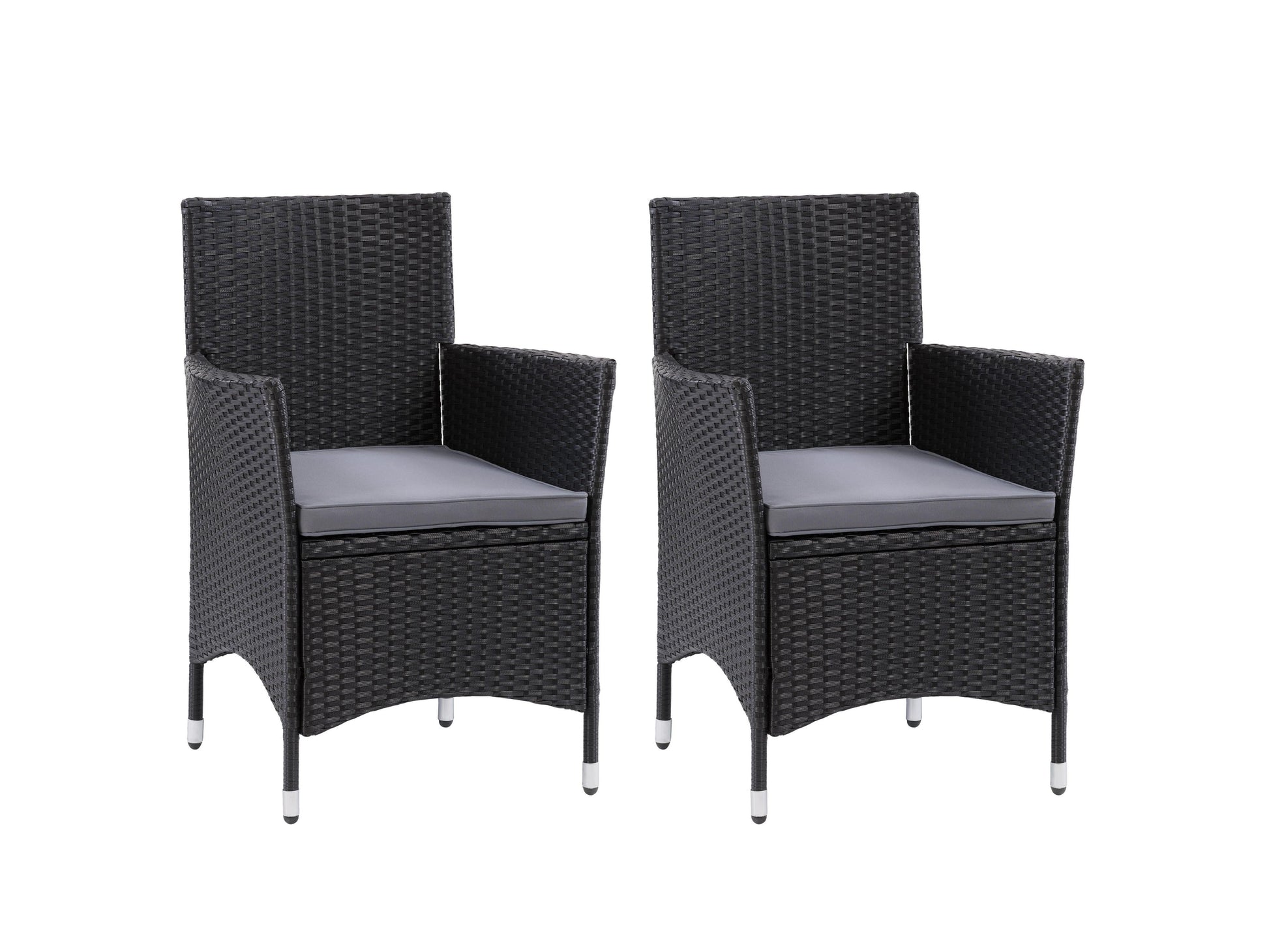7-piece patio dining set with grey cushioned chairs, rectangular wooden table, and black metal frame.