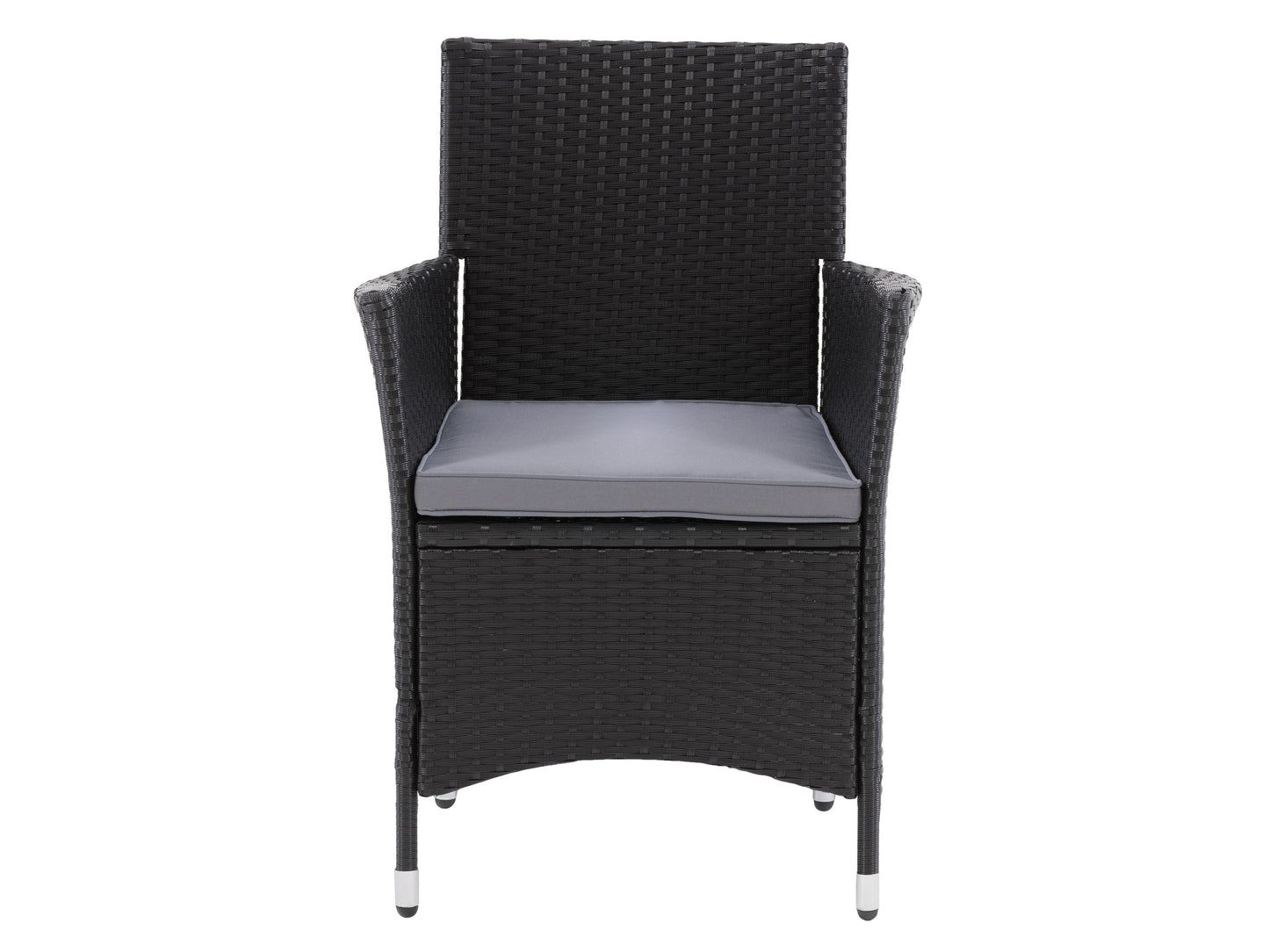 Set of 2 wicker armchairs with beige cushions, featuring durable rattan material, sleek black metal legs, and ergonomic armrests. Ideal for patio or outdoor settings, combining comfort and modern design.