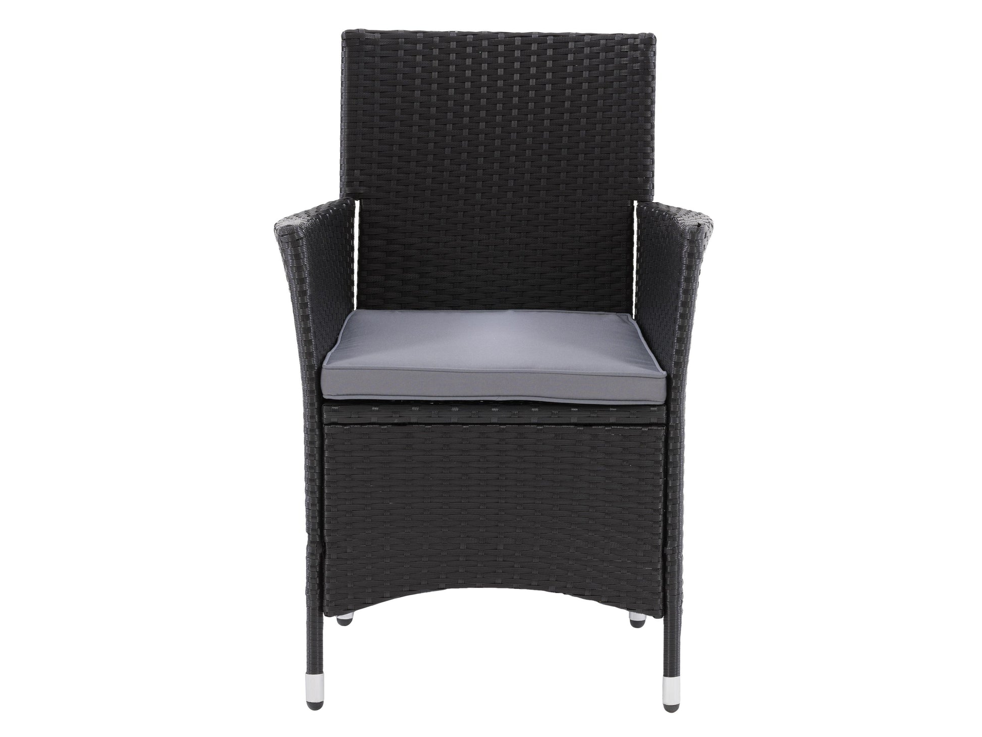 Set of 2 wicker armchairs with beige cushions, featuring durable rattan material, sleek black metal legs, and ergonomic armrests. Ideal for patio or outdoor settings, combining comfort and modern design.
