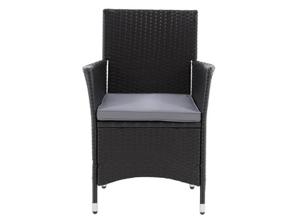 Set of 2 wicker armchairs with beige cushions, featuring durable rattan material, sleek black metal legs, and ergonomic armrests. Ideal for patio or outdoor settings, combining comfort and modern design.