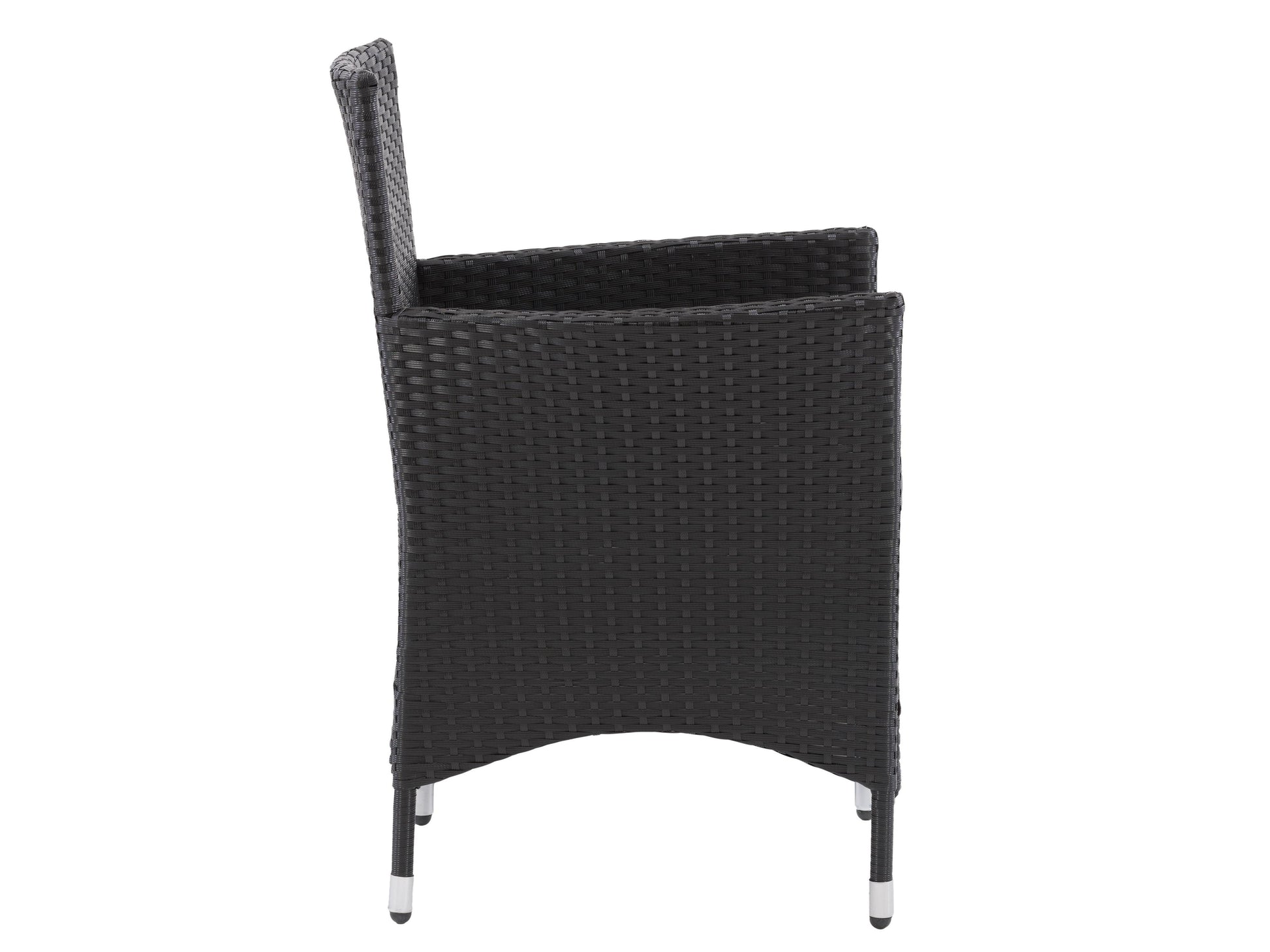 Two wicker patio armchairs with natural brown finish, featuring curved armrests and cushioned seats, perfect for outdoor lounging.