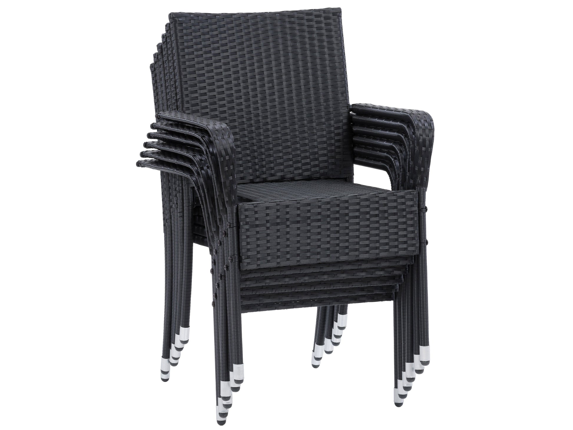 7-piece patio dining set with grey cushions, dark wicker chairs, and a rectangular glass-top table.