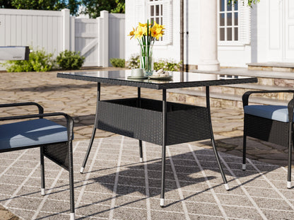 7-piece patio dining set with grey cushions, wooden table, and metal frame, perfect for outdoor gatherings.