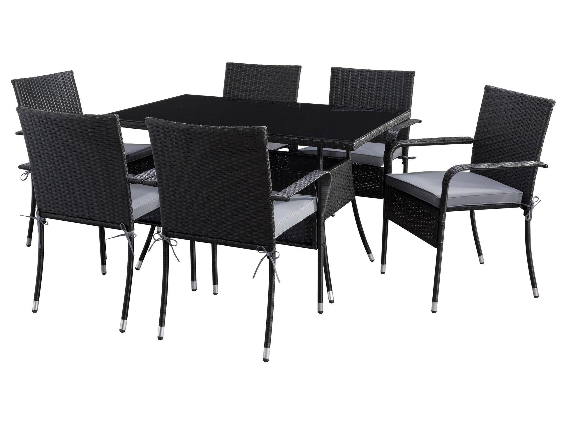 Patio dining set 7pc with grey cushions, black metal frame, and glass tabletop for outdoor use.
