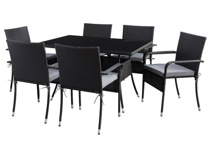 Patio dining set 7pc with grey cushions, black metal frame, and glass tabletop for outdoor use.