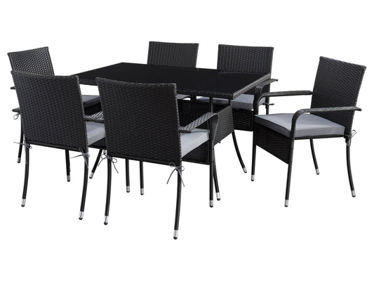 Patio dining set 7pc with grey cushions, black metal frame, and glass tabletop for outdoor use.