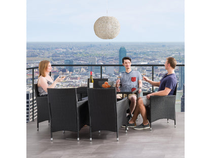 7pc patio dining set with grey cushions, black metal frame, and rectangular table, perfect for outdoor dining.