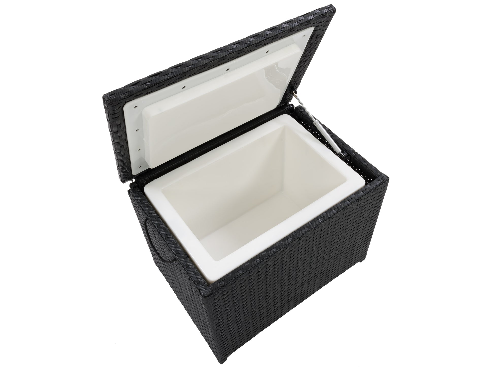 Outdoor cooler table with a sleek black finish, featuring a textured surface, built-in storage compartment, and weather-resistant materials. Ideal for patio use, combining functionality with modern design.