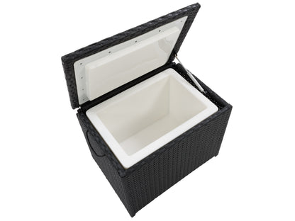 Outdoor cooler table with a sleek black finish, featuring a textured surface, built-in storage compartment, and weather-resistant materials. Ideal for patio use, combining functionality with modern design.
