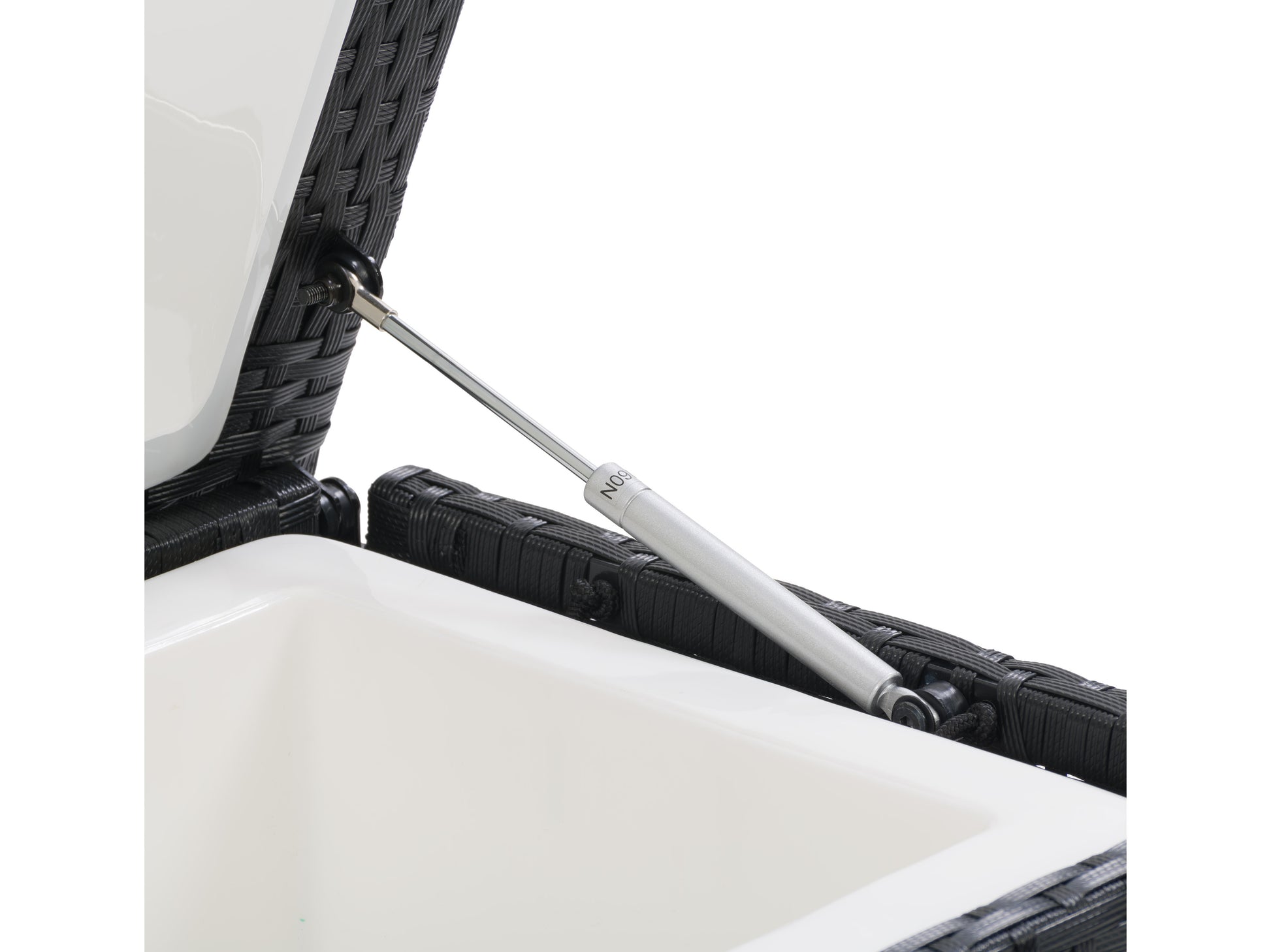 Alt Text: Stylish outdoor cooler table with a sleek black finish, featuring a textured surface, built-in storage compartment, and sturdy legs, perfect for patio entertaining and keeping drinks chilled.